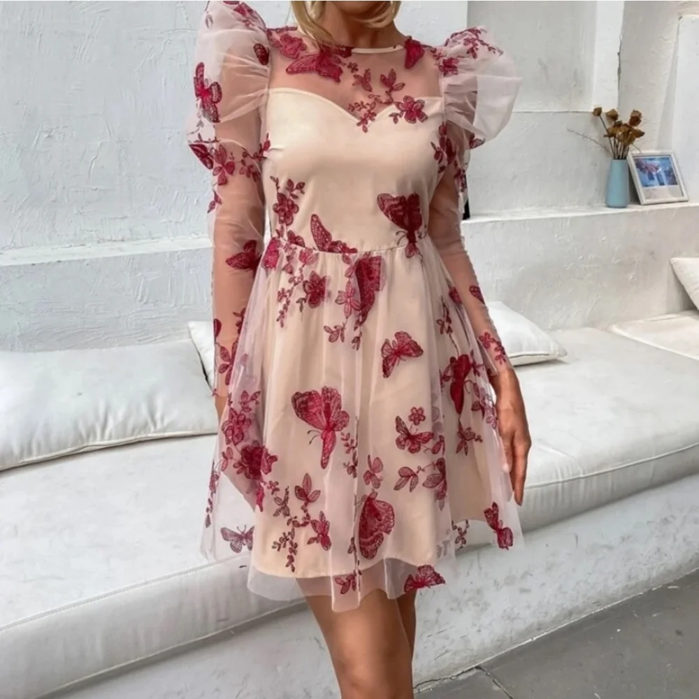 Elegant Sheer Floral Apricot Puff Sleeve Butterfly Printed Mini Dress - Size L - Picture 2 of 5